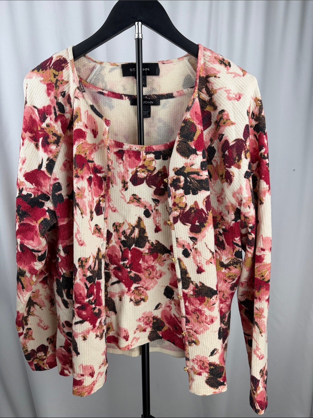 St. John Cream, Pink & Burgundy Floral Knit Cardigan Set